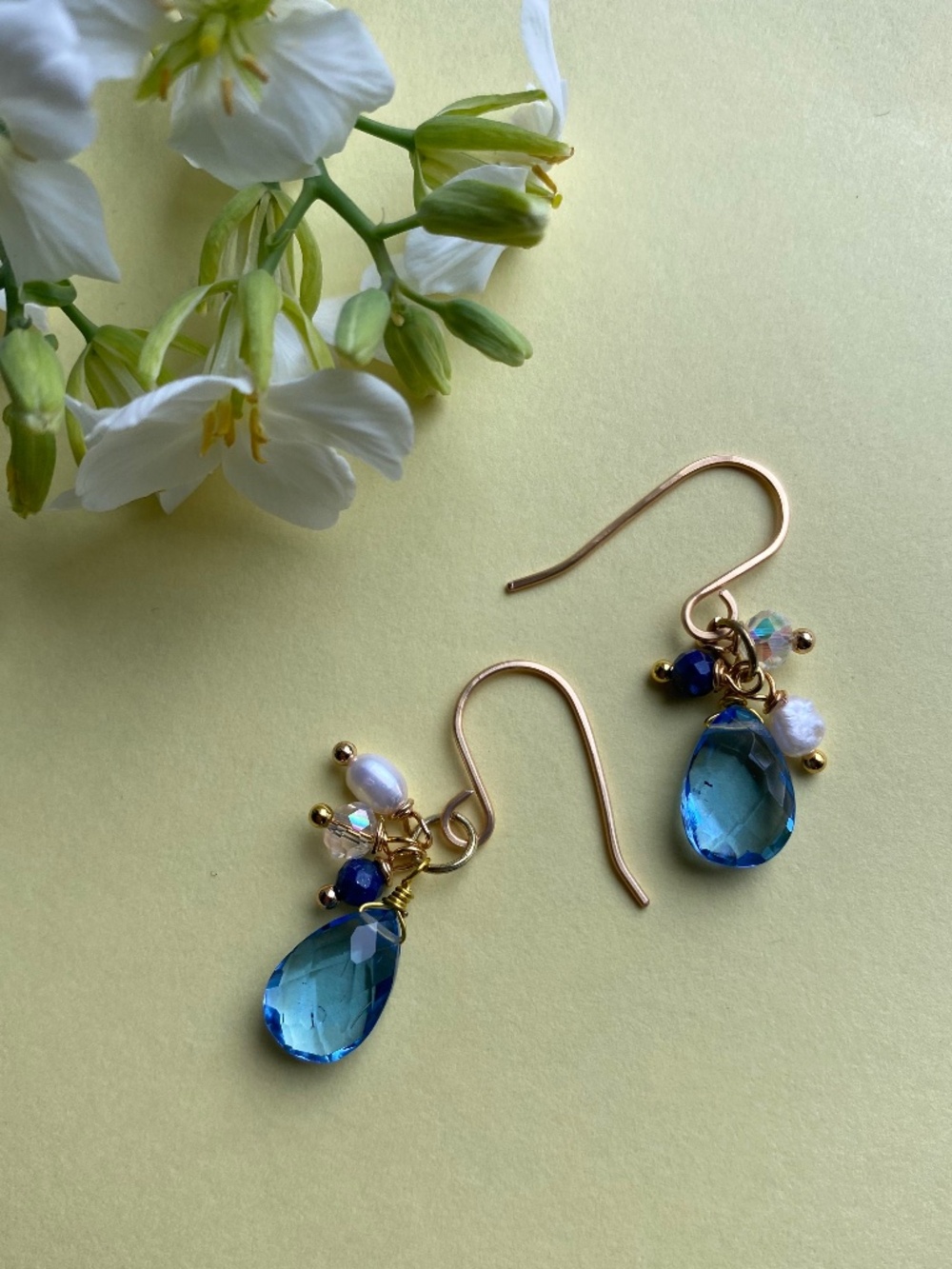 Handmade Earrings with Blue Apatite & Freshwater Pearl